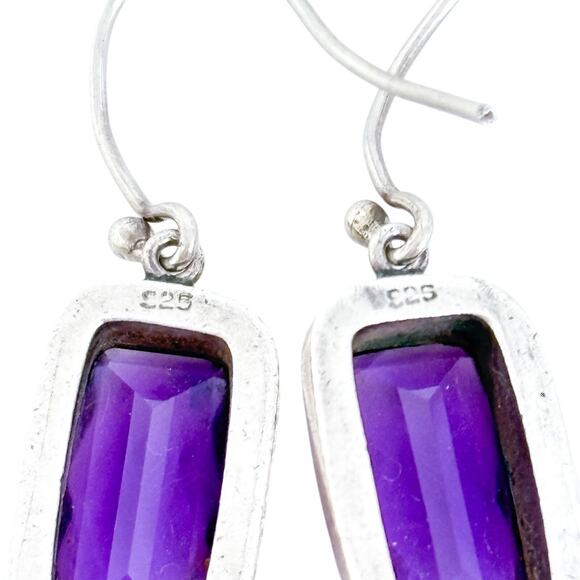 Faceted Rectangular Amethyst Dangle Earrings | Vintage Sterling Silver 925 - Picture 6 of 8